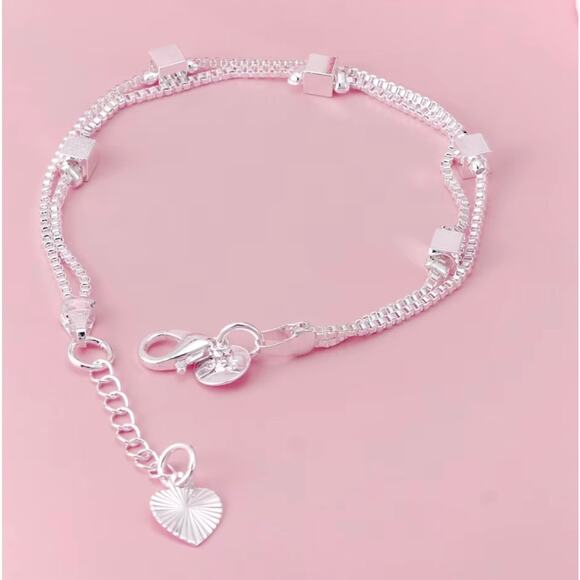 Women’s 925 Sterling Silver Double Snake Chain Bracelet w/ Cube Beads & Heart - Picture 2 of 5